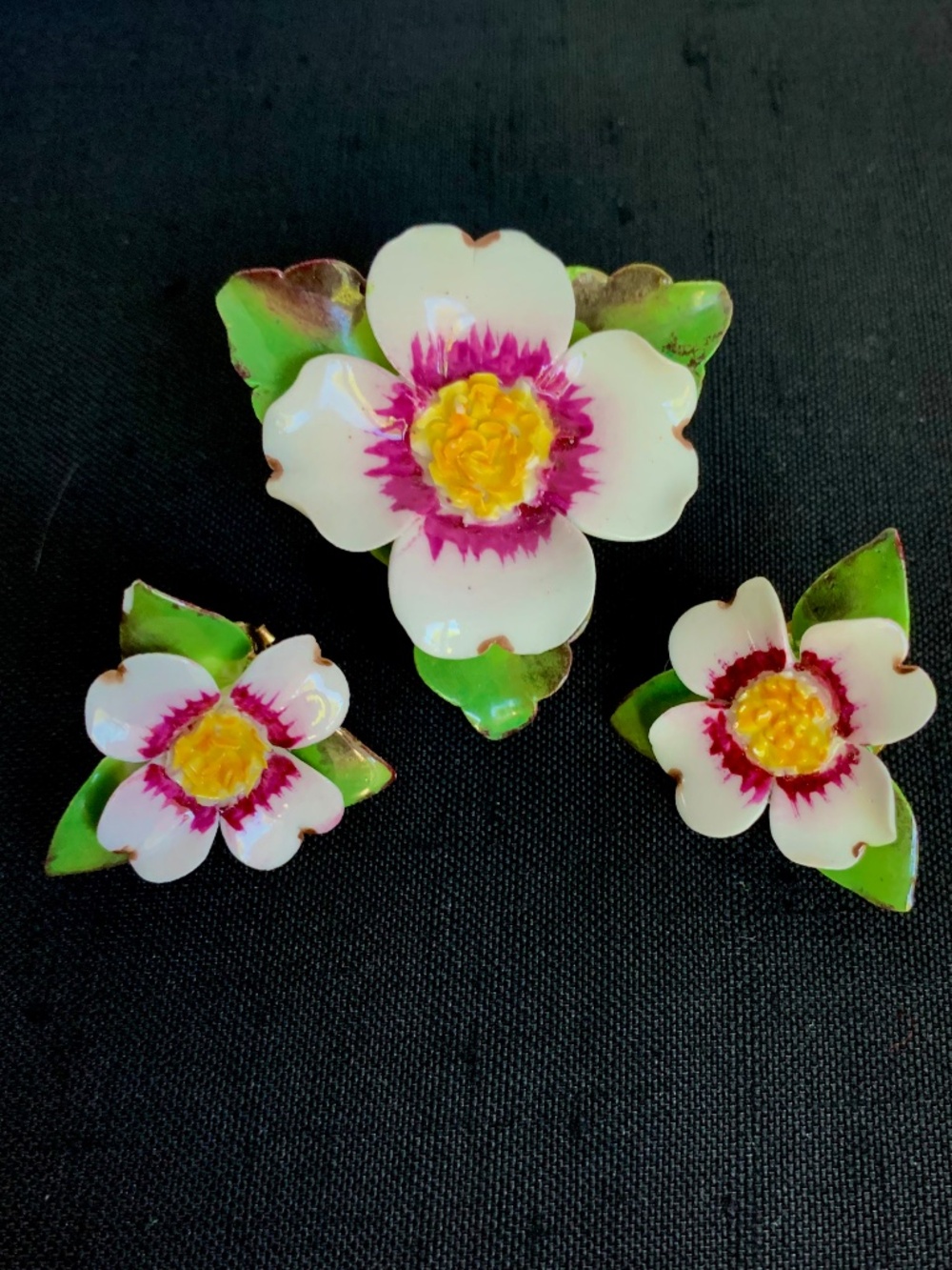 Cara Porcelain Staffordshire Flower Brooch & Earrings Set | England 1960s